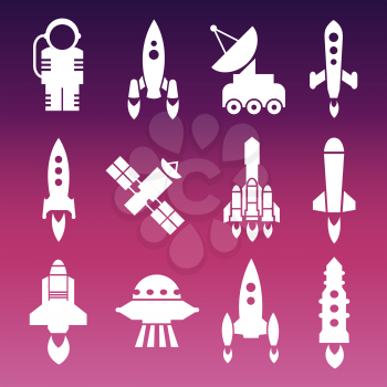 White shuttle, rockets and space techics icons. Vector ilustration flat