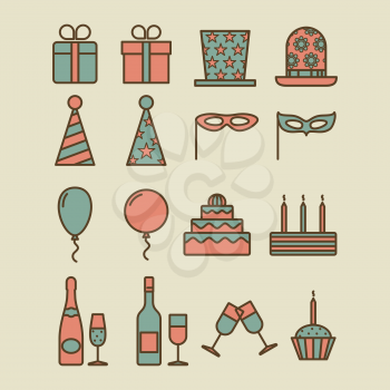 Colorful vintage party icons. Gift box and mask, balloon and cake retro styled signs