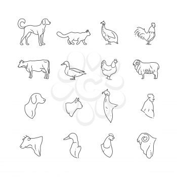 Farm animal and birds thin line icons. Farm pig and bird, rabbit and cow, vector illustration