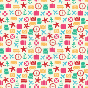 Cute colorful summer seamless pattern on sand backdrop. Vector illustration