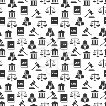Law and justice seamless pattern. Balance and court, gavel and judge, vector illustration