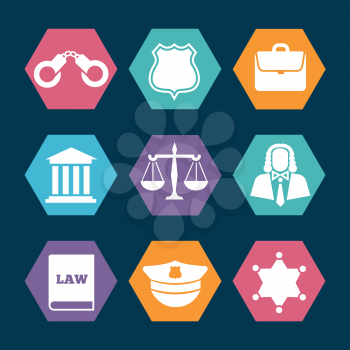 Law, justice and police icons set. Handcuffs and officer sheriff star, vector illustration