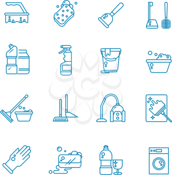 Cleaning and washing house outline vector icons. Antiseptic service line symbols. Equipment for cleanup linear style illustration