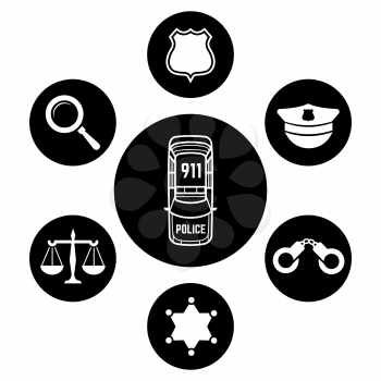 Police concept with car and accessories icons. Vector flat illustration