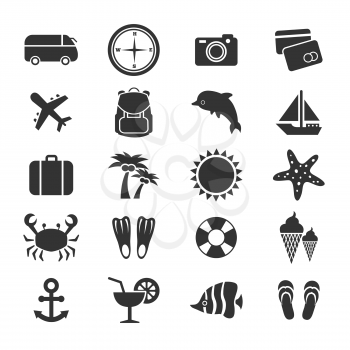 Summer vacation or travel icons collection. Summer symbol airplane and passport. Vector illustration