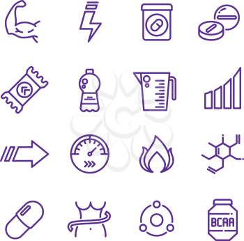 Sports vitamins and food supplements thin line vector icons. Fat burning pills and energy drinks pictograms. Sport vitamin nutrition for fitness and energy illustration