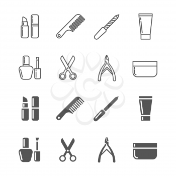 Beauty and cosmetics icons - line and silhouette cosmetics set. Vector illustration