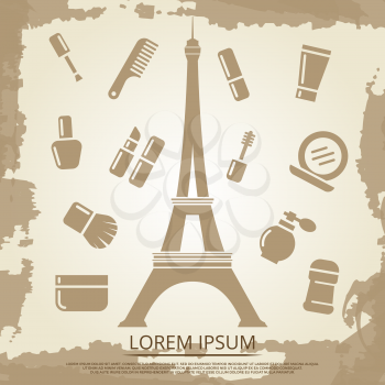 Beauty poster with cosmetics and Eiffel tower - french beauty facilities vintage backdrop. Vector illustration