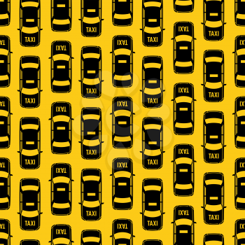 Black taxi traffic seamless pattern on yellow backdrop. Vector illustration