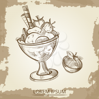 Sweet desserts vector - hand drawn ice cream and aramelized apple on vintage backdrop. Vector illustration