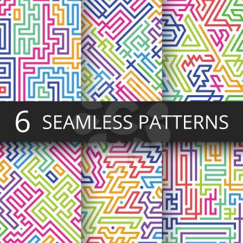 Modern geometric seamless vector patterns with color line shapes. Retro technology abstract repeating backgrounds collection. Geometric maze colored pattern collection illustration