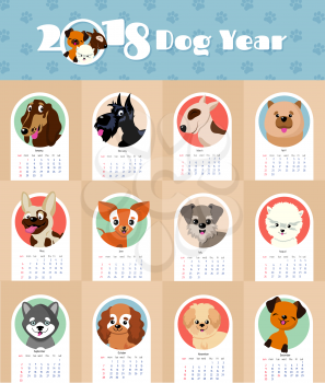 2018 new year calendar with cute and funny puppy dogs chinese symbol vector template. Calendar 2018 year of dog, funny puppy illustration