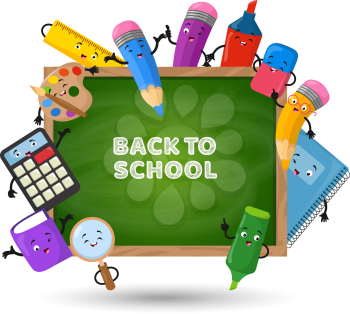Back to school vector background. Education concept with school supplies. Back to school on chalkboard and colorful objects illustration