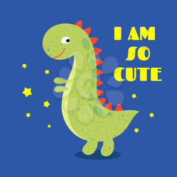 T shirt kids print label with cute dinosaur. Funny animal cool, monster banner for shirt illustration