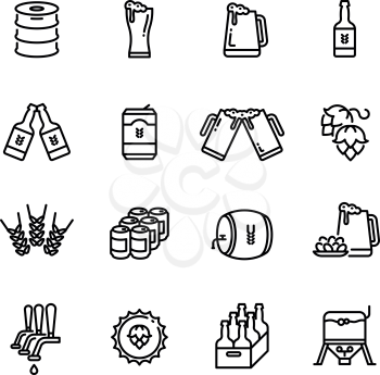 Beer alcohol drinks line vector icons. Brewing alcohol beer from hops illustration
