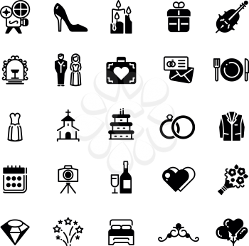 Bridal vector symbols. Wedding vector black silhouette icons isolated on white. Collection of wedding icons black silhouette illustration