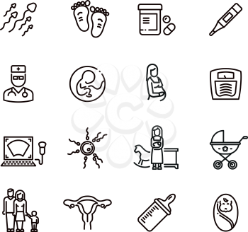 Pregnancy and newborn child line vector icons. Motherhood and infant baby pictograms. Woman pregnancy and motherhood, infant baby line style and gynecology illustration