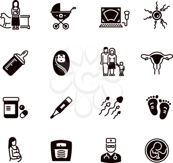 Pregnant mom and baby vector icons. Woman gynecology and pregnancy black silhouette symbols isolated. Illustration of silhouette pregnant woman, motherhood and gynecology, maternity and childbirth