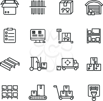 Storage service, warehouse, package delivery and equipment vector line icons. Freight and package, cargo container storage illustration