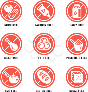 Food dietary symbols. Gmo free, no gluten, sugarless and allergy vector icons set. No sugar and gluten, ban gmo amd phosphate illustration