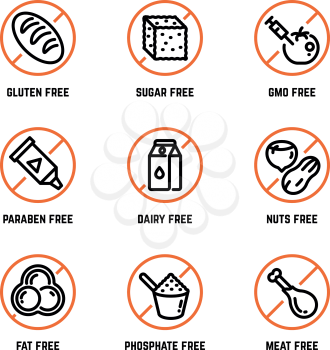 Food ingredient warning vector icons. Phosphate free, without gmo, no gluten organic product symbols. Forbidden sugar and gluten, phosphate and dairy illustration