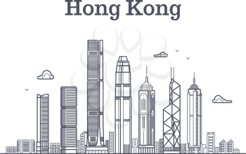 China hong kong city skyline. Architecture landmarks and buildings vector line panorama. Cityscape panorama with skyscraper building illustration