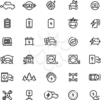 Electric cars line vector icons. Hybrid battery vehicles and green transport symbols. Electric transport renewable and charging, energy eco automobile illustration