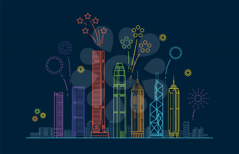 Hong kong city vector panorama with festive fireworks. China line cityscape with buildings. Building city hong kong color linear illustration