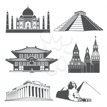 Travel silhouette landmarks with famous world monuments vector set. Famous monument statue and temple architecture illustration