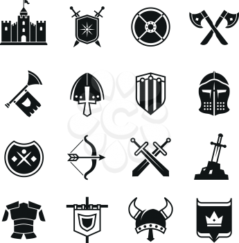Medieval warriors shield and sword vector icons. Ancient knight symbols. Sword weapon and collection of history accessory illustration