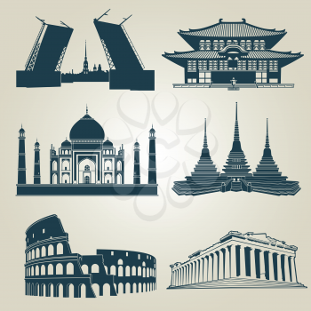 Vector silhouettes of world tourist attractions. Famous landmarks and destination symbols pantheon and taj mahal, coliseum and famous landmark illustration