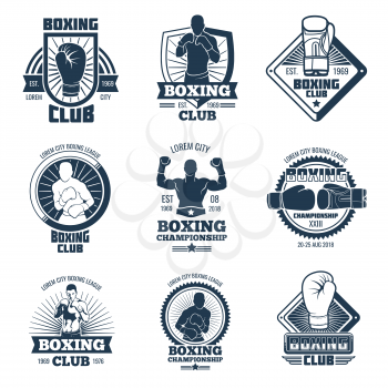 Vintage boxing sports club vector labels and badges. Emblem with boxer champion illustration