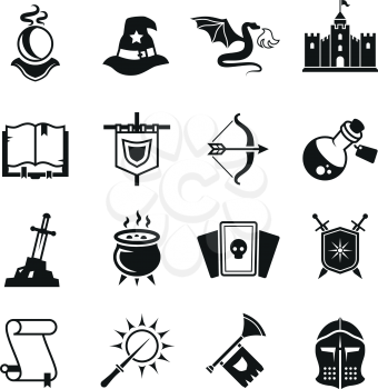 Fantasy medieval tale vector icons. Mystery magic and knight pictograms. Magic fantasy, medieval castle and dragon illustration