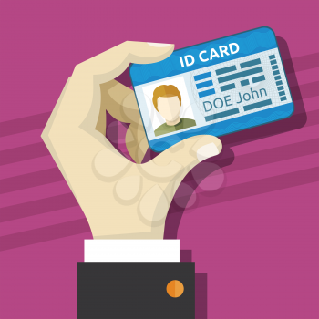 Male hand holding id card with photo vector illustration. Id identity card with photo in hand