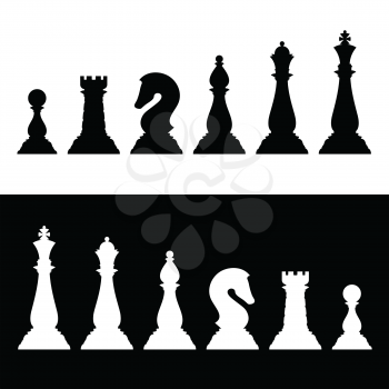 Chess pieces black silhouettes set. Business strategy vector icons king and queen, knight and bishop, rook and pawn illustration