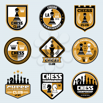 Chess club labels. Business strategy vector logos and emblems. Game chess logo tournament and championship illustration