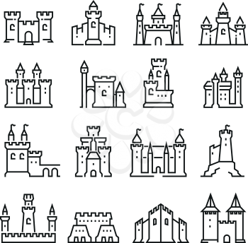 Medieval castle and ancient tower fortress line vector icons. Building fortress with tower, medieval historical architecture illustration