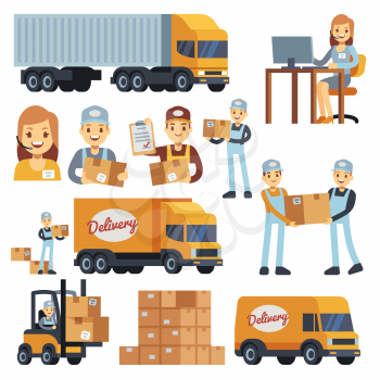 Warehouse workers cartoon vector characters - loader, delivery man, courier and operator. Warehouse delivery business illustration