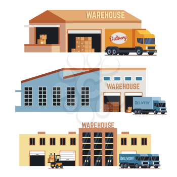 Warehouse building, industrial construction and factory storage vector icons. Set of warehouse building and delivery lorry illustration