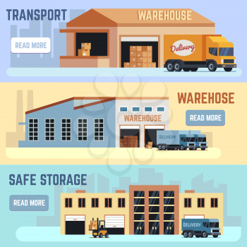 Warehouse, shipping transportation and delivering service vector horizontal banner set. Warehouse service distribution illustration. Logistic and storage industry.