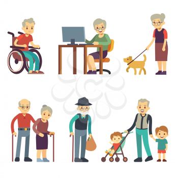 Old age people in different situations. Senior man and woman activities vector set. Old grandmother and grandfather walking illustration