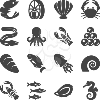 Sea food black silhouette vector icons. Sea food fish, seafood lobster and shrimp illustration