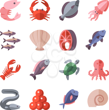Seafood delicacies and cooking fish vector flat icons isolated on white. Crab and eel, snail and exotic mussel sea food illustration