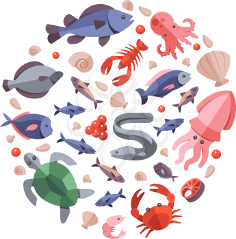 Ocean animals seafood and cooking fish flat icons. Color sea food crab and snail, badge of round form oyster, tuna, turtle and cancer illustration