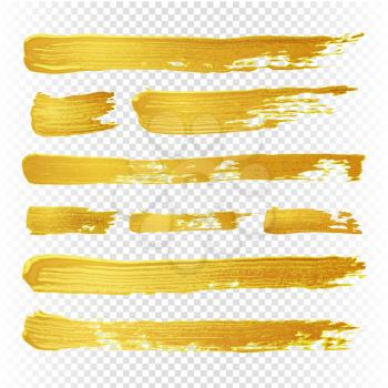 Gold yellow paint vector textured abstract brushes. Golden hand drawn brush strokes. Illustration of brush golden paint watercolor