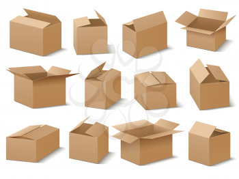 Open and closed cardboard boxes vector set. Brown box collection, cardboard container and crate illustration