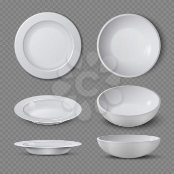 White empty ceramic plate in different points of view isolated vector illustration. Plate and dish clean for kitchen, porcelain dishware