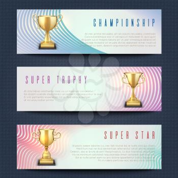 Horizontal banners with sports golden trophy cups vector collection. Super star, championship and trophy banner card illustration