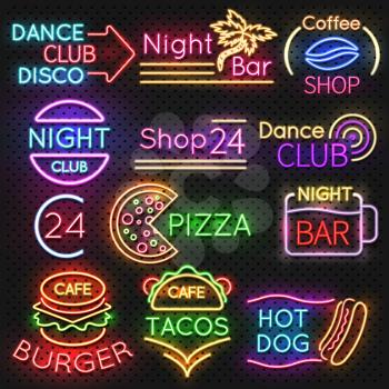 Bright roadside neon signs. Fast food and beer pub light vector icons. Hot dog and burger, tacos and pizza, vector illustration