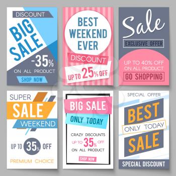 Sale posters vector template with discount and save money offers for email and newsletter design. Shopping and offer discount illustration